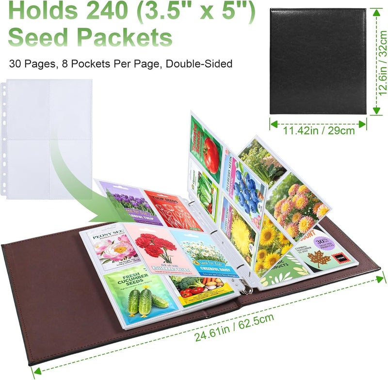 Zofly A4 3 Ring Binder Garden Seeds Storage Album with 30 Pcs 3.5x5” Seed Packet Sleeves, PU Leather Hardcover Organization Book for Seed Packet，Photo, Index Card，240 Top Loading Pockets Capacity - Image 3
